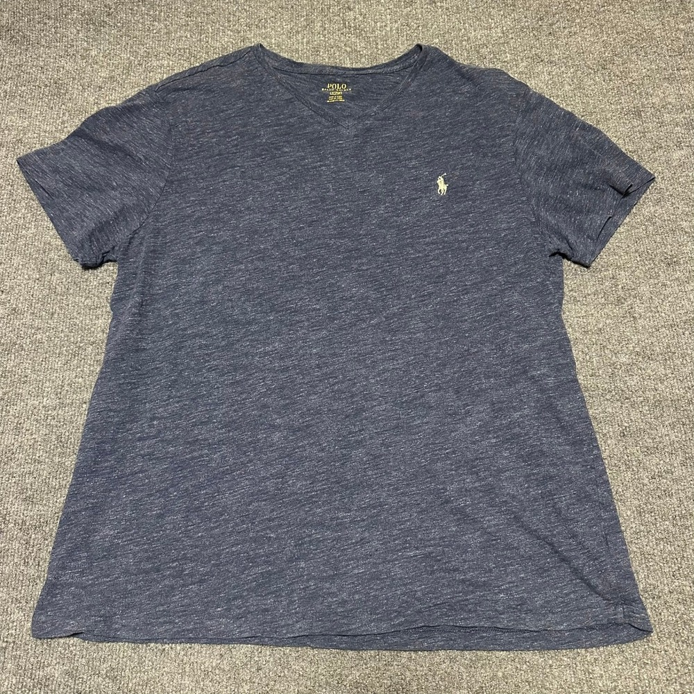 Polo Ralph Lauren Mens V-Neck T-Shirt Navy Blue Heather Pony Logo Size Large